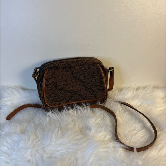 Patricia Nash Brown World Map Velvet Cross Over Leather Trim Purse - Picture 5 of 11